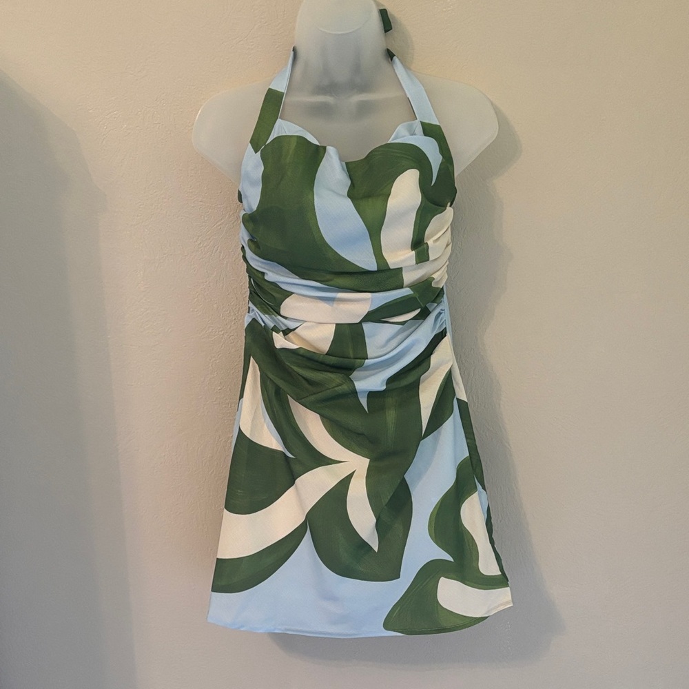 SHEIN White and Green Halter Ruched Mini Dress